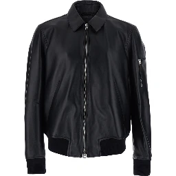 Black Jacket with Classic Collar and One Zip Pocket on the Sleeve in Leather for Men