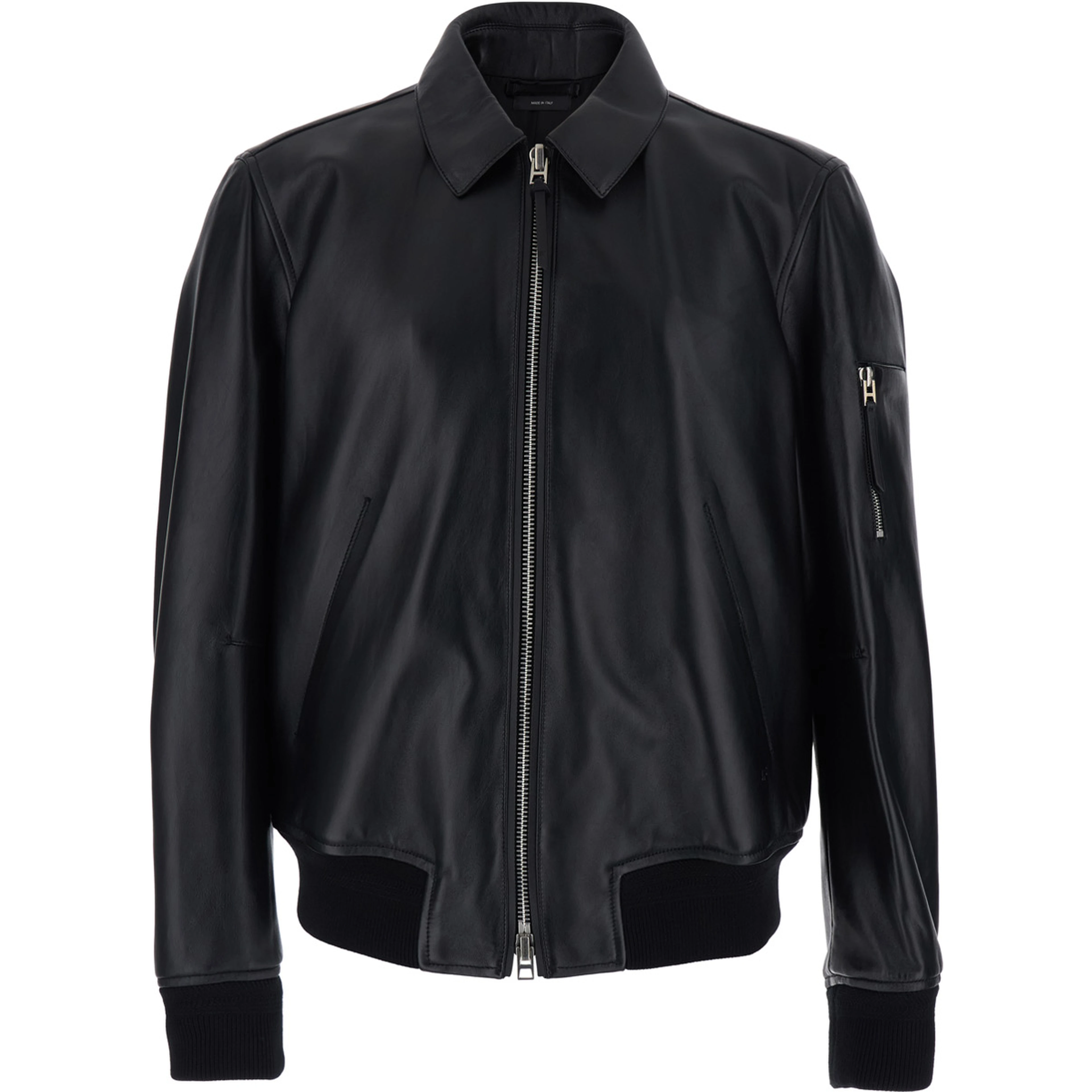 Black Jacket with Classic Collar and One Zip Pocket on the Sleeve in Leather for Men