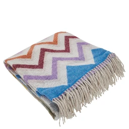 Blanket Watamu with Fringed Edge and ZigZag Motif in Multicolor Blend Wool Unisex