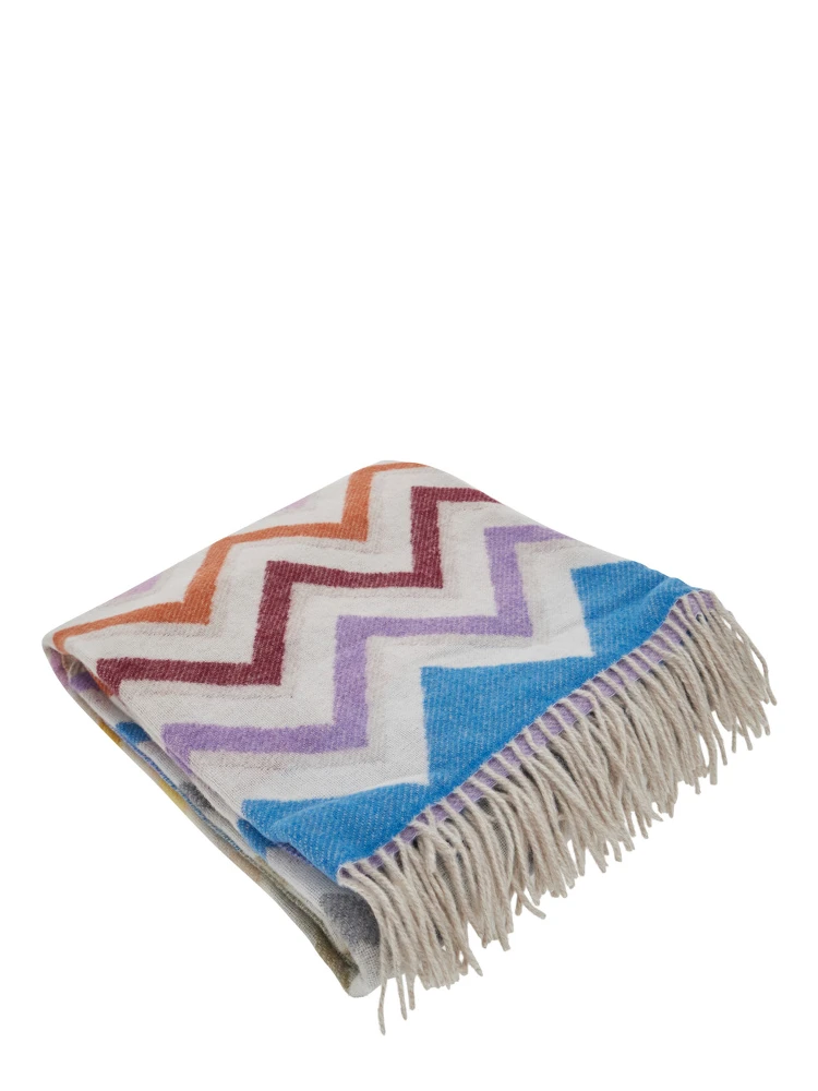 Blanket Watamu with Fringed Edge and ZigZag Motif in Multicolor Blend Wool Unisex alternative