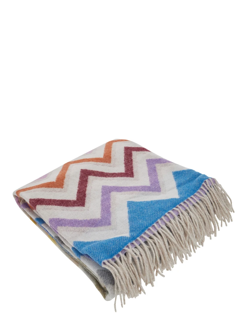 Blanket Watamu with Fringed Edge and ZigZag Motif in Multicolor Blend Wool Unisex