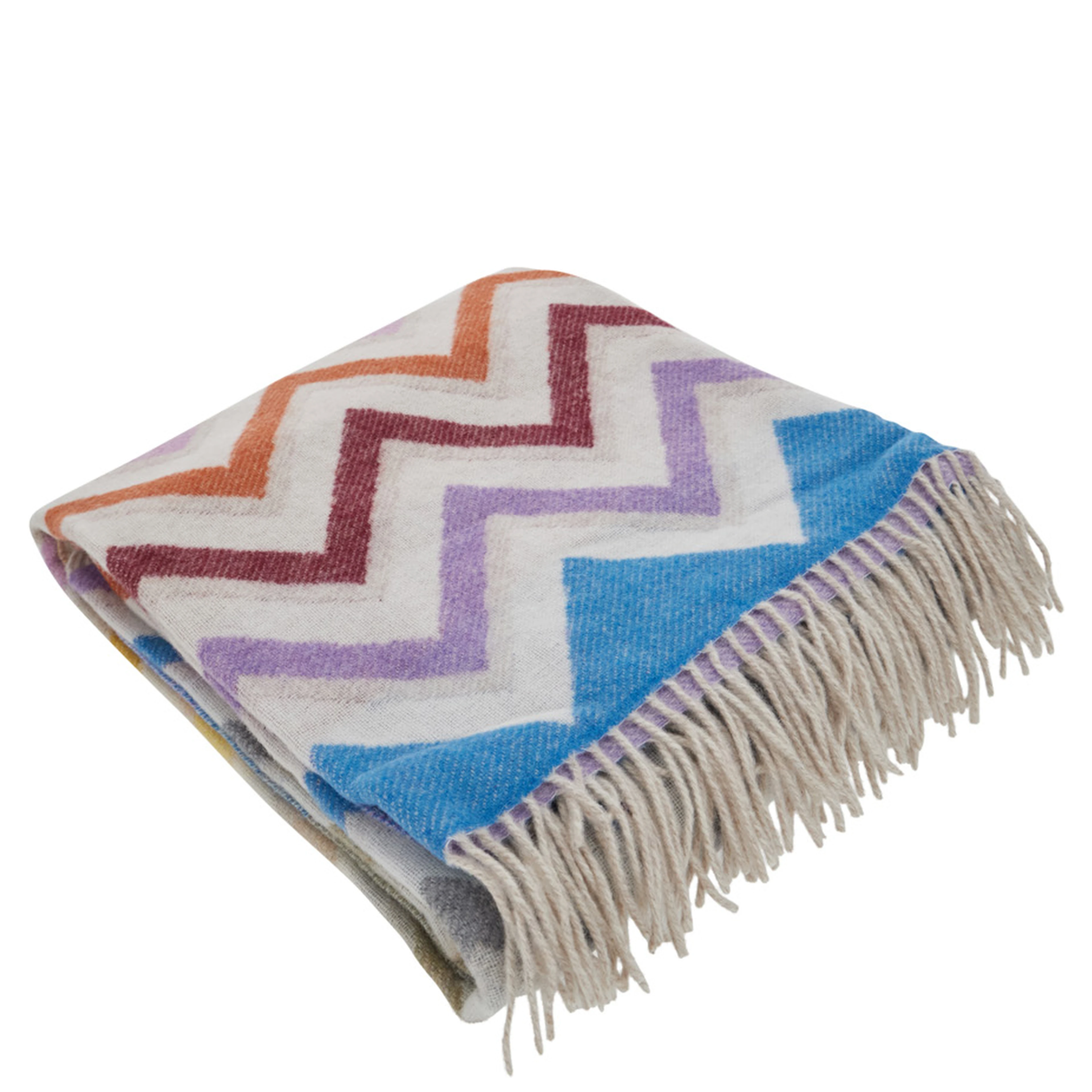 Blanket Watamu with Fringed Edge and ZigZag Motif in Multicolor Blend Wool Unisex