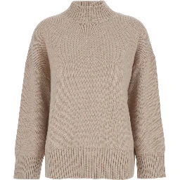 Beige cashmere high-neck long-sleeve pullover for women
