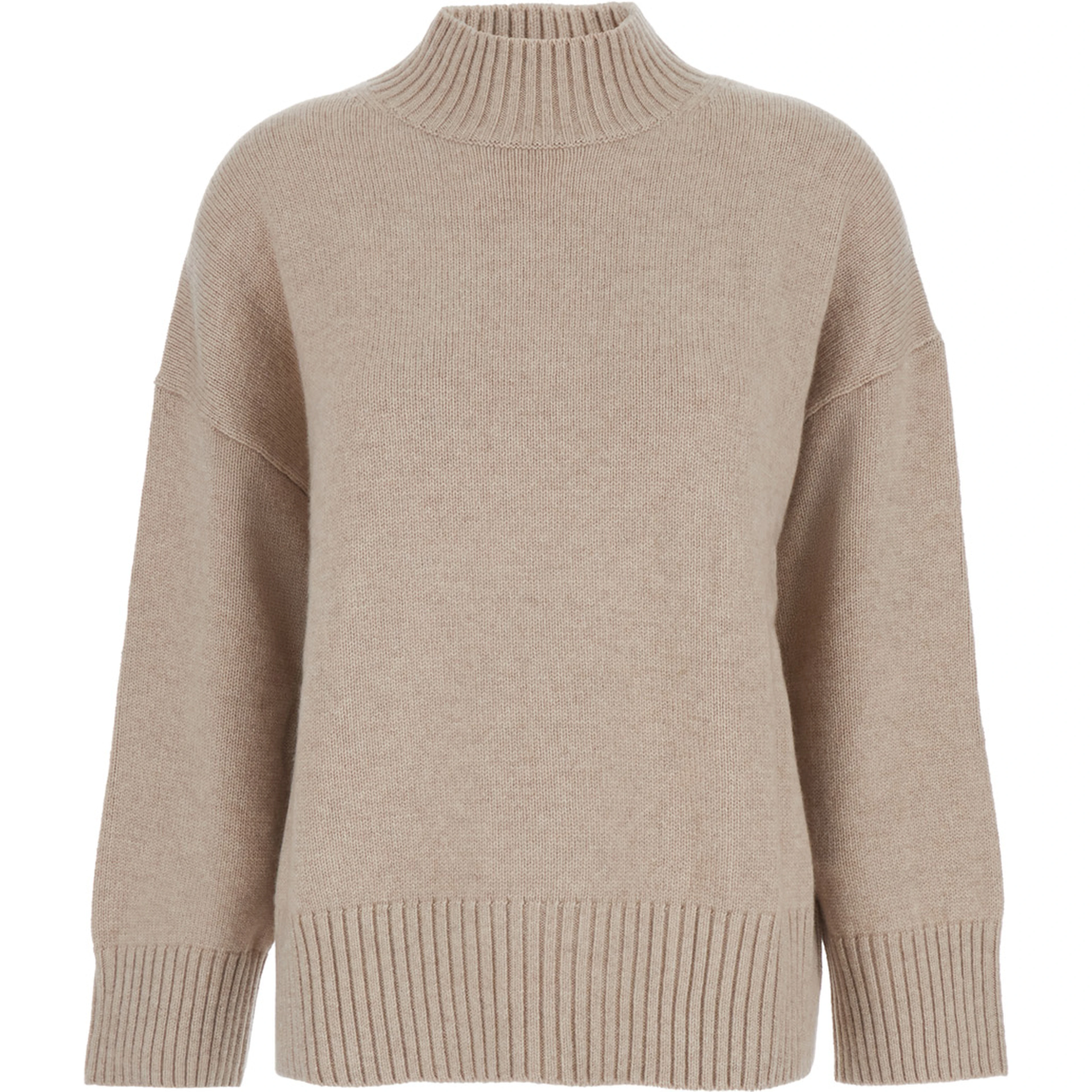 Beige cashmere high-neck long-sleeve pullover for women