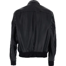 Black Jacket with Classic Collar and One Zip Pocket on the Sleeve in Leather for Men