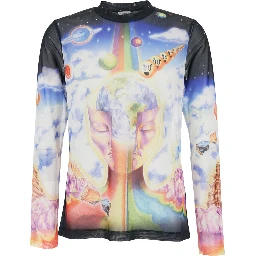Multicolor Long Sleeve Crew Neck T-Shirt with All-Over Print in Stretch Tech Fabric Man