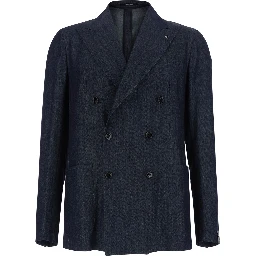 Blue Double-breasted Jacket with Peak Revers in Denim for Men