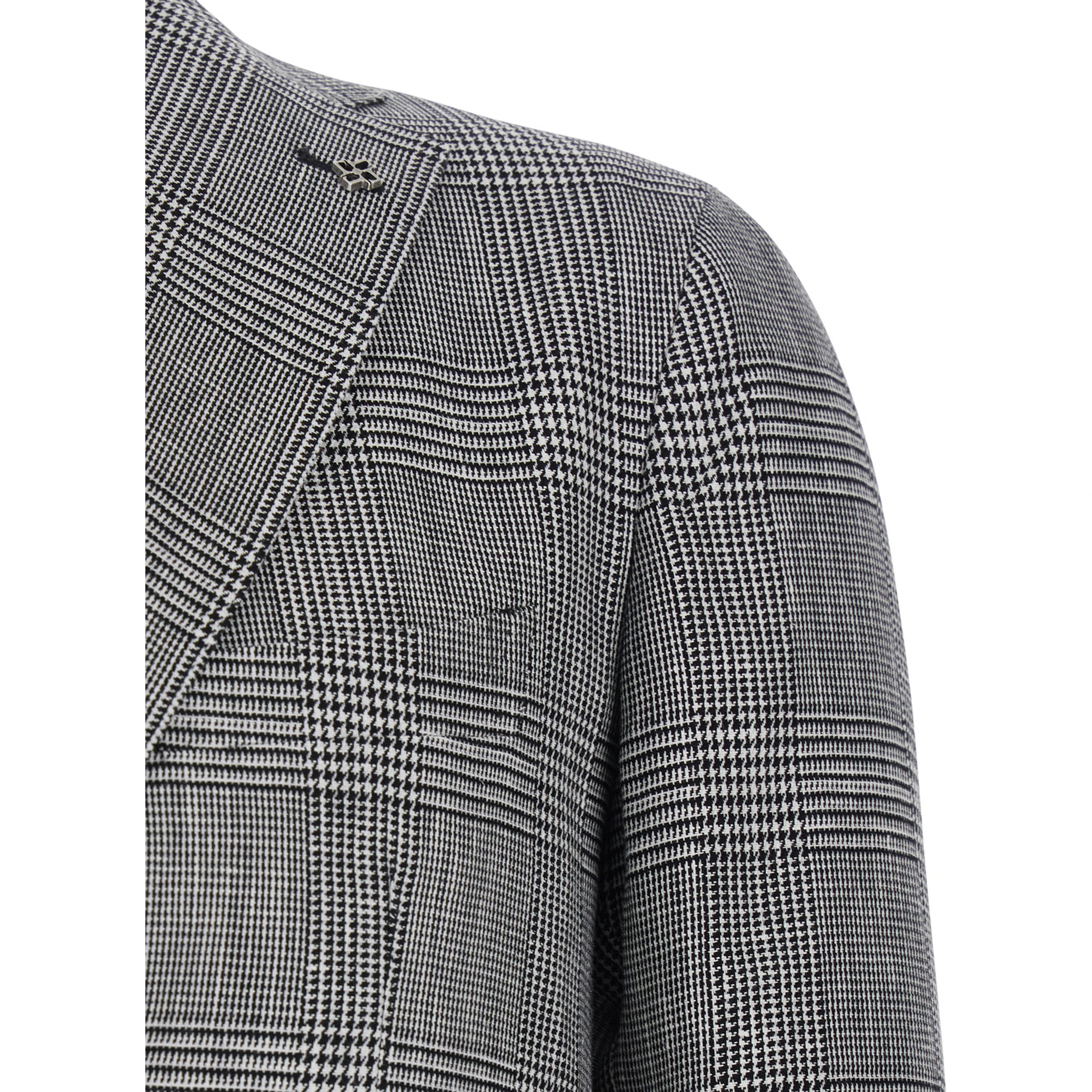 Grey Single-Breasted Jacket with Notched Revers and All-Over Houndstooth Motif in Cotton and Linen Man