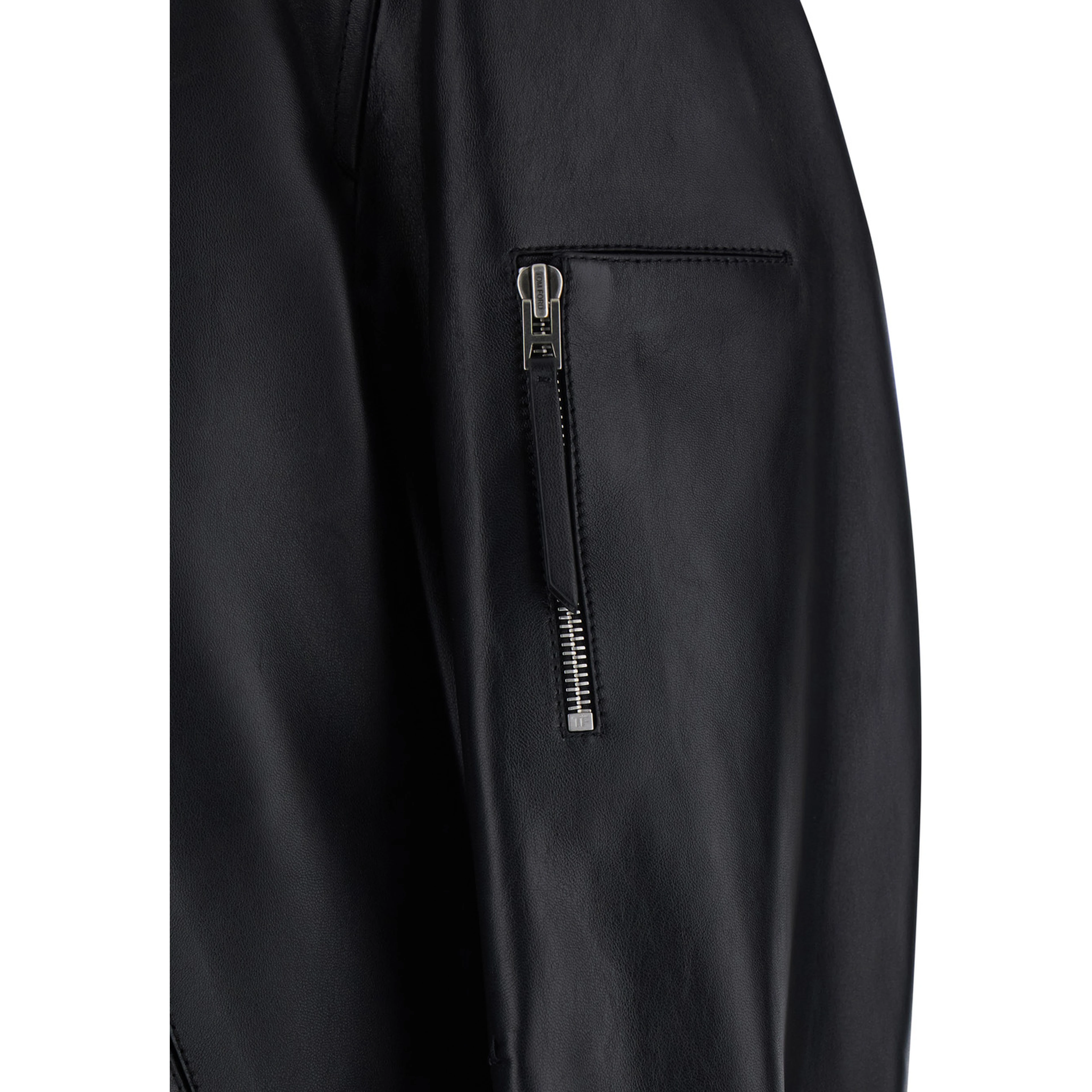 Black Jacket with Classic Collar and One Zip Pocket on the Sleeve in Leather for Men