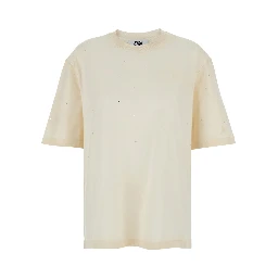 White Crew Neck T-Shirt with Rhinestone Decoration and Print on the Back in Cotton for Men