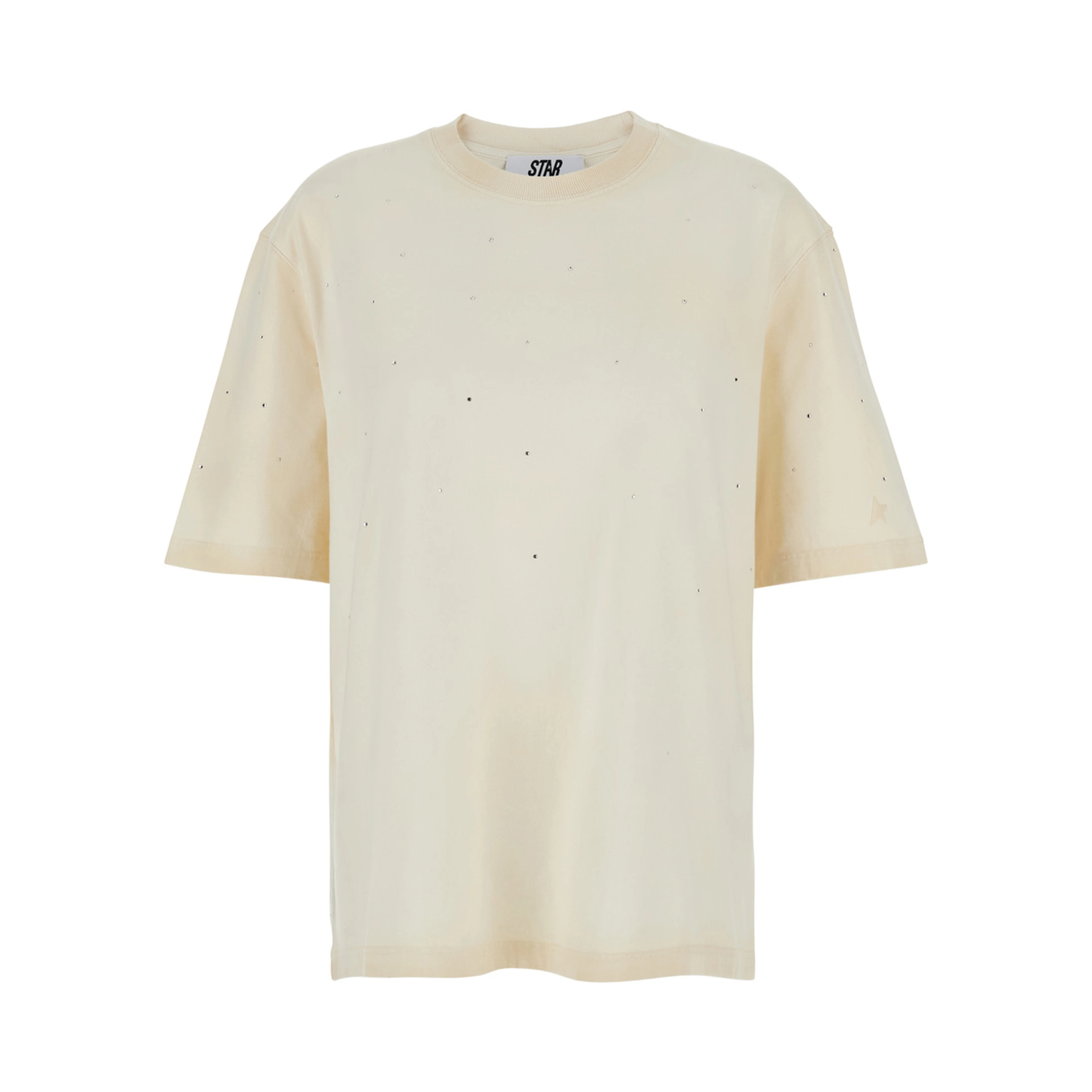 White Crew Neck T-Shirt with Rhinestone Decoration and Print on the Back in Cotton for Men
