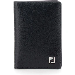Black Card Holder with FF Logo Plate on the Front and Rectangular Design in  Leather Man