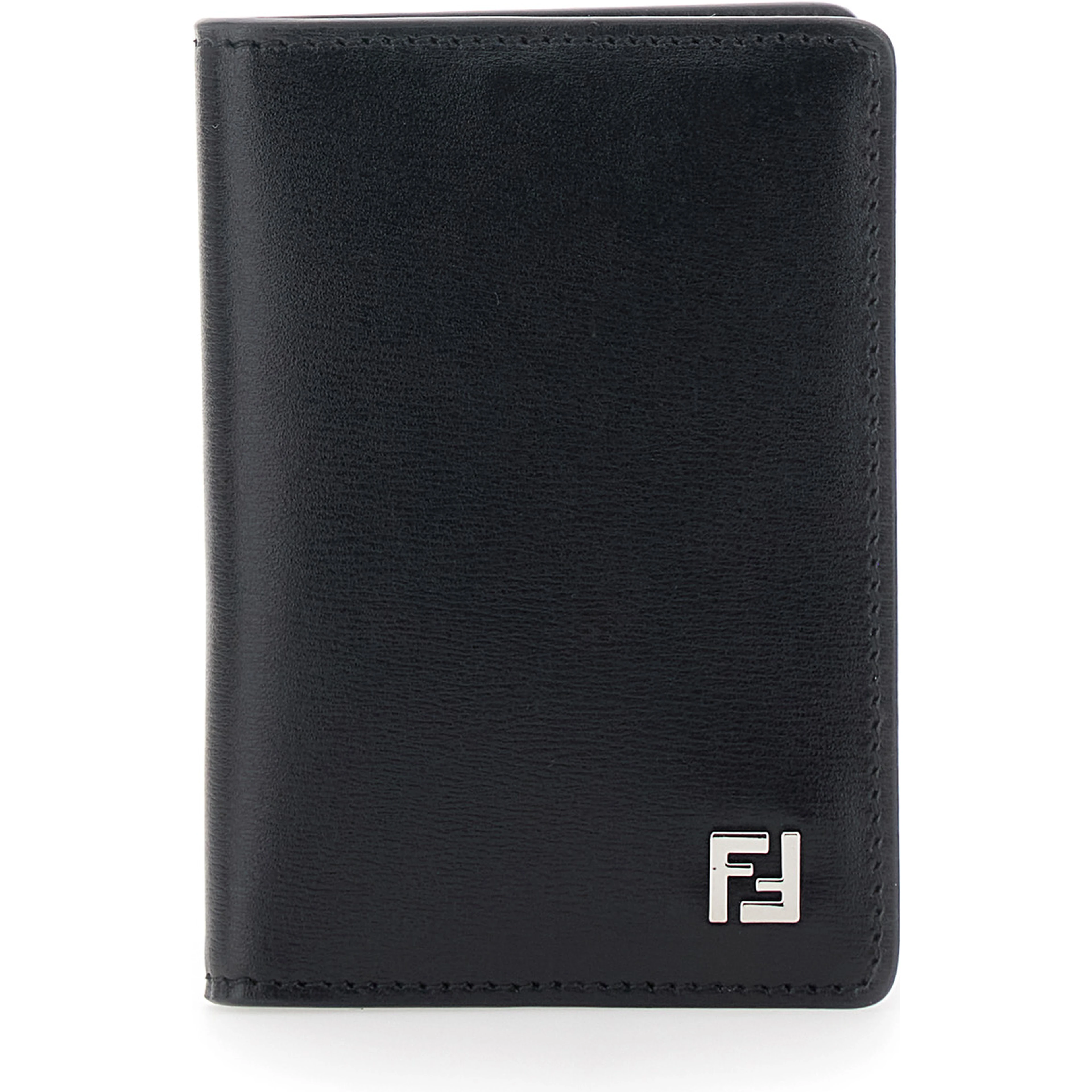 Black Card Holder with FF Logo Plate on the Front and Rectangular Design in  Leather Man