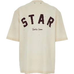 White Crew Neck T-Shirt with Rhinestone Decoration and Print on the Back in Cotton for Men