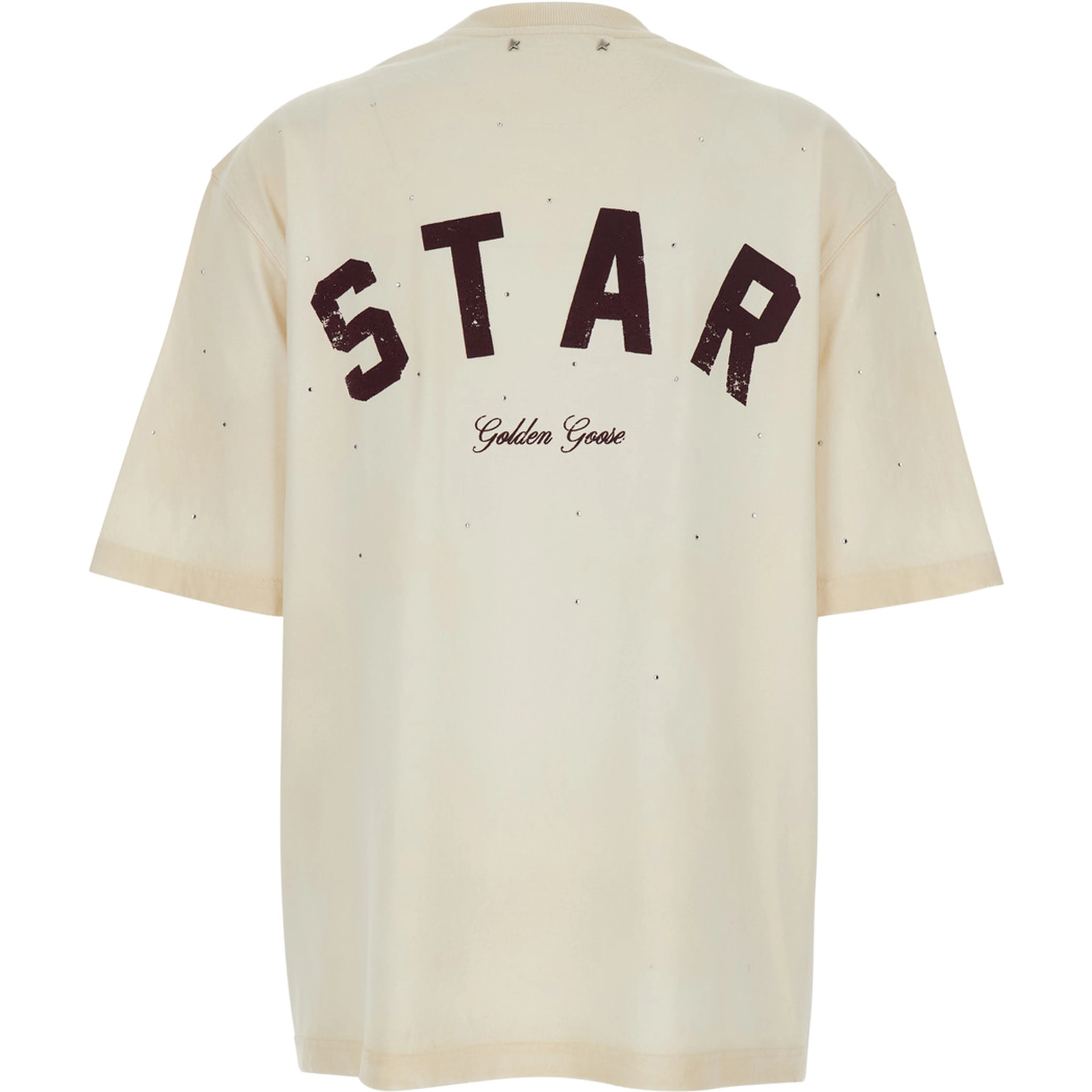 White Crew Neck T-Shirt with Rhinestone Decoration and Print on the Back in Cotton for Men