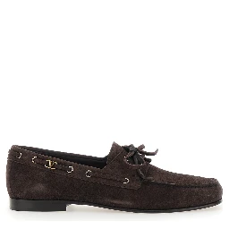 Brown Loafers with Rounded Toe and Laces with Bow on the Front in Suede Man