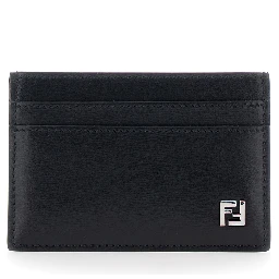 Black Card Holder with FF Logo Plate on the Front in Leather for Men