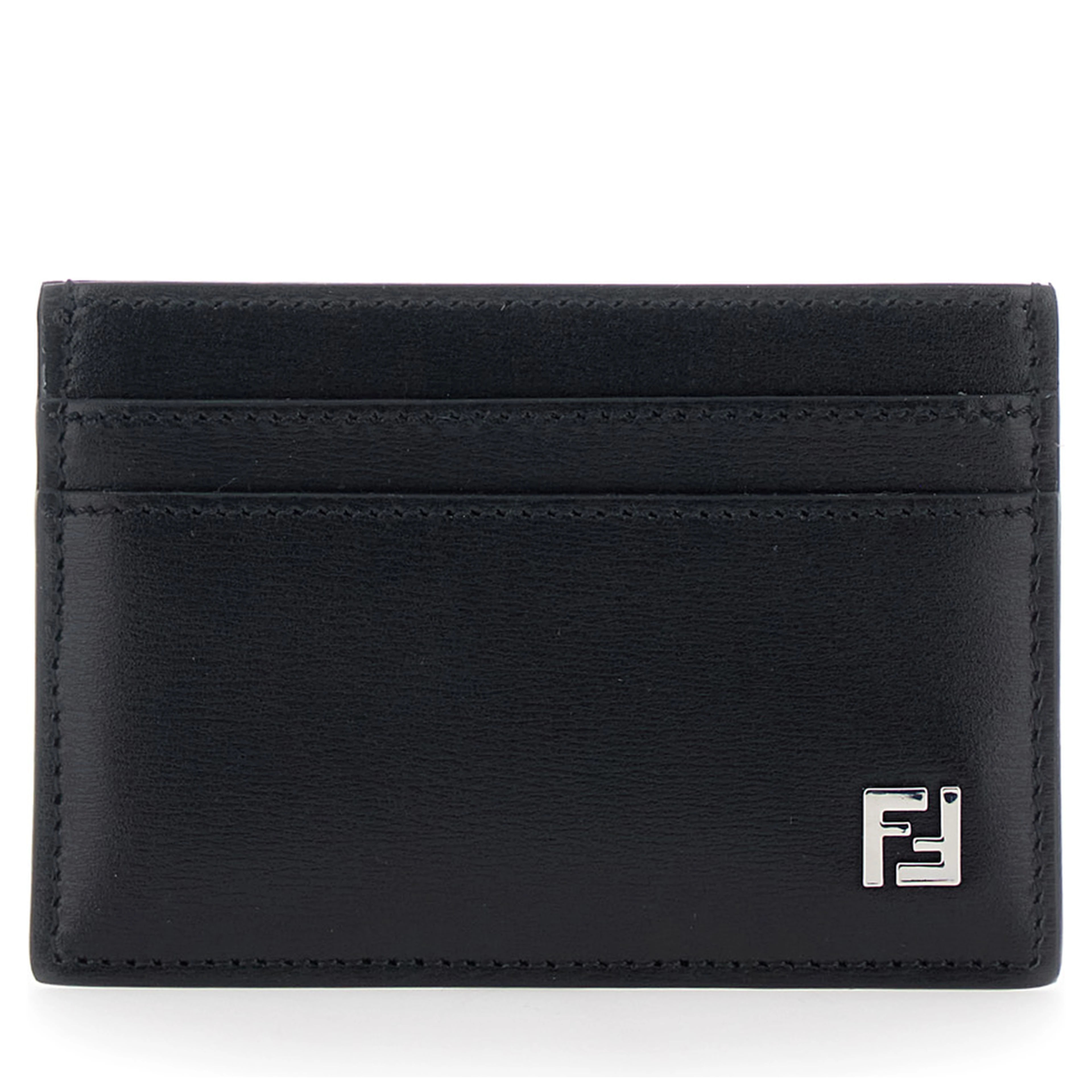 Black Card Holder with FF Logo Plate on the Front in Leather for Men