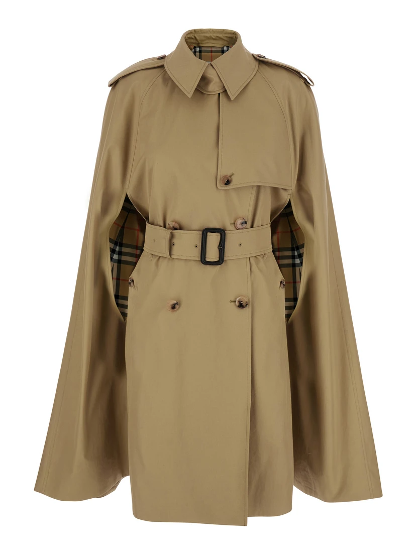 Bellemont Beige Cape with Classic Collar and Front Belt in  Cotton for Women