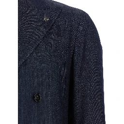 Blue Double-breasted Jacket with Peak Revers in Denim for Men