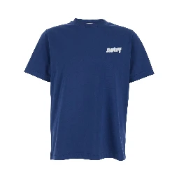 Blue T-shirt with Raised Collar and Logo on Front in Cotton Man