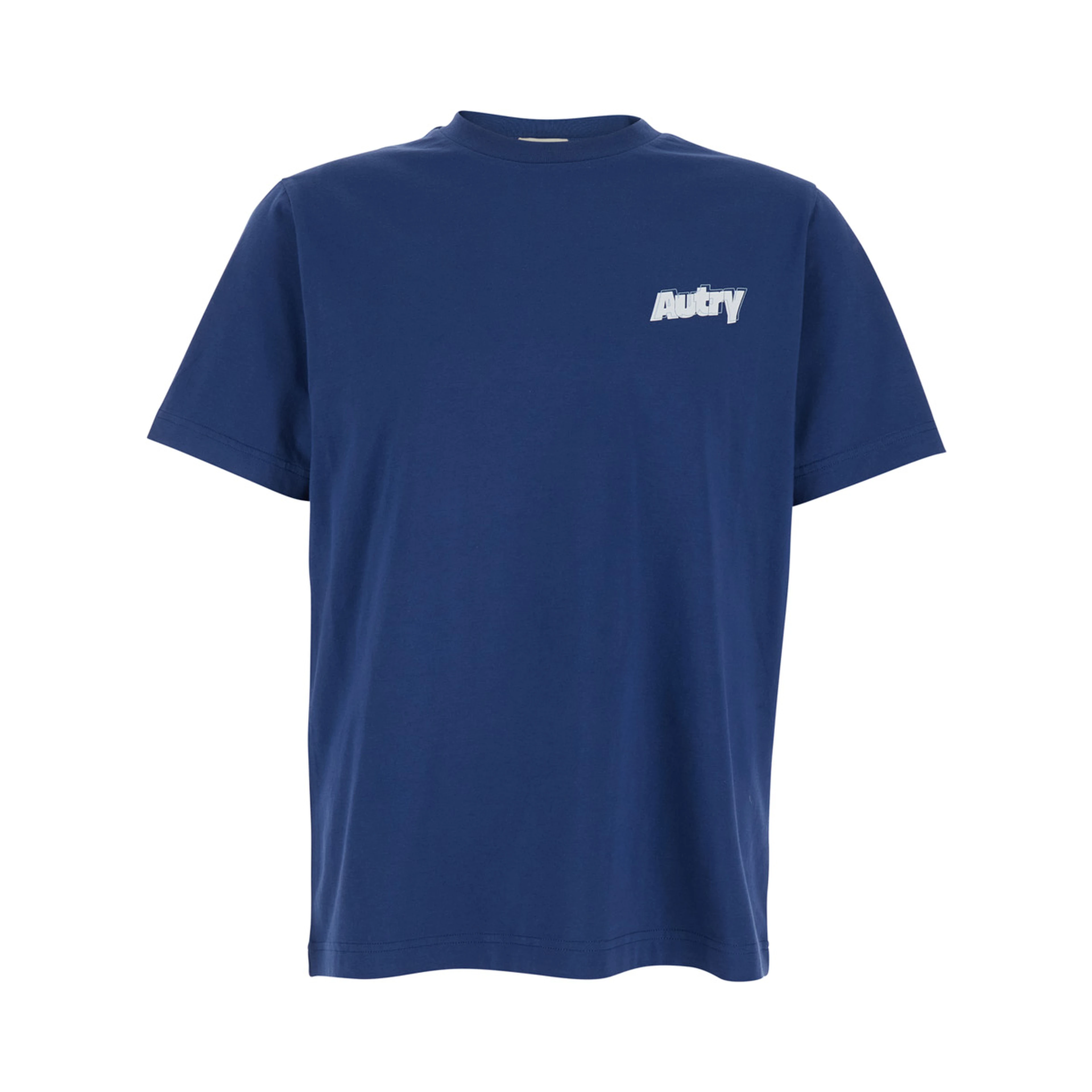 Blue T-shirt with Raised Collar and Logo on Front in Cotton Man