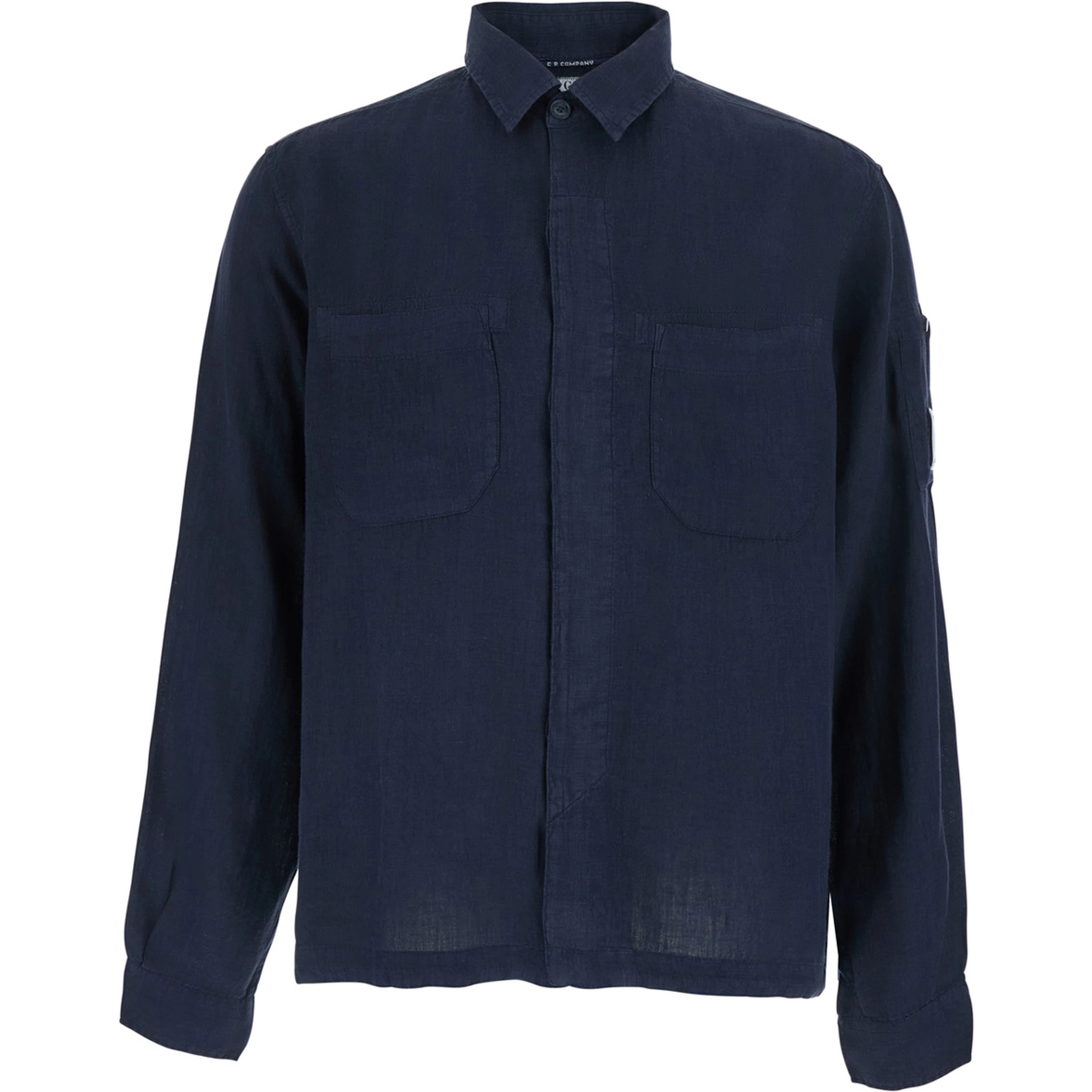 Blue Shirt with Classic Collar and Logo Plate on the Sleeve in Linen Man