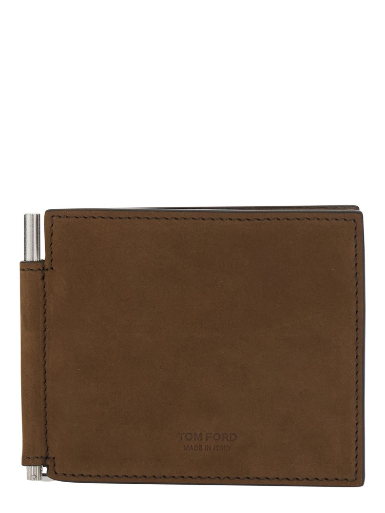 Brown Wallet with Embossed Logo Lettering and Money Clip in Leather for Men