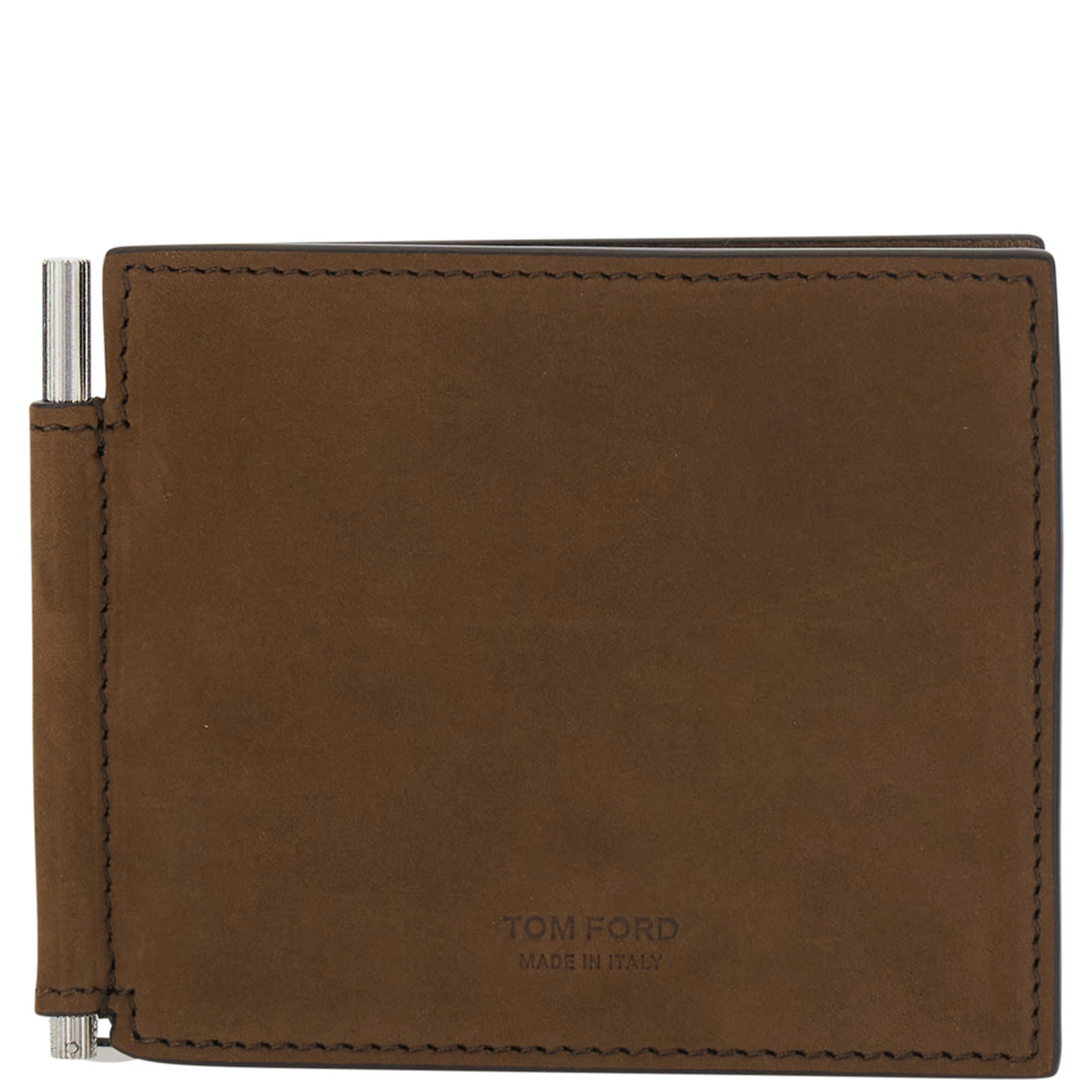 Brown Wallet with Embossed Logo Lettering and Money Clip in Leather for Men