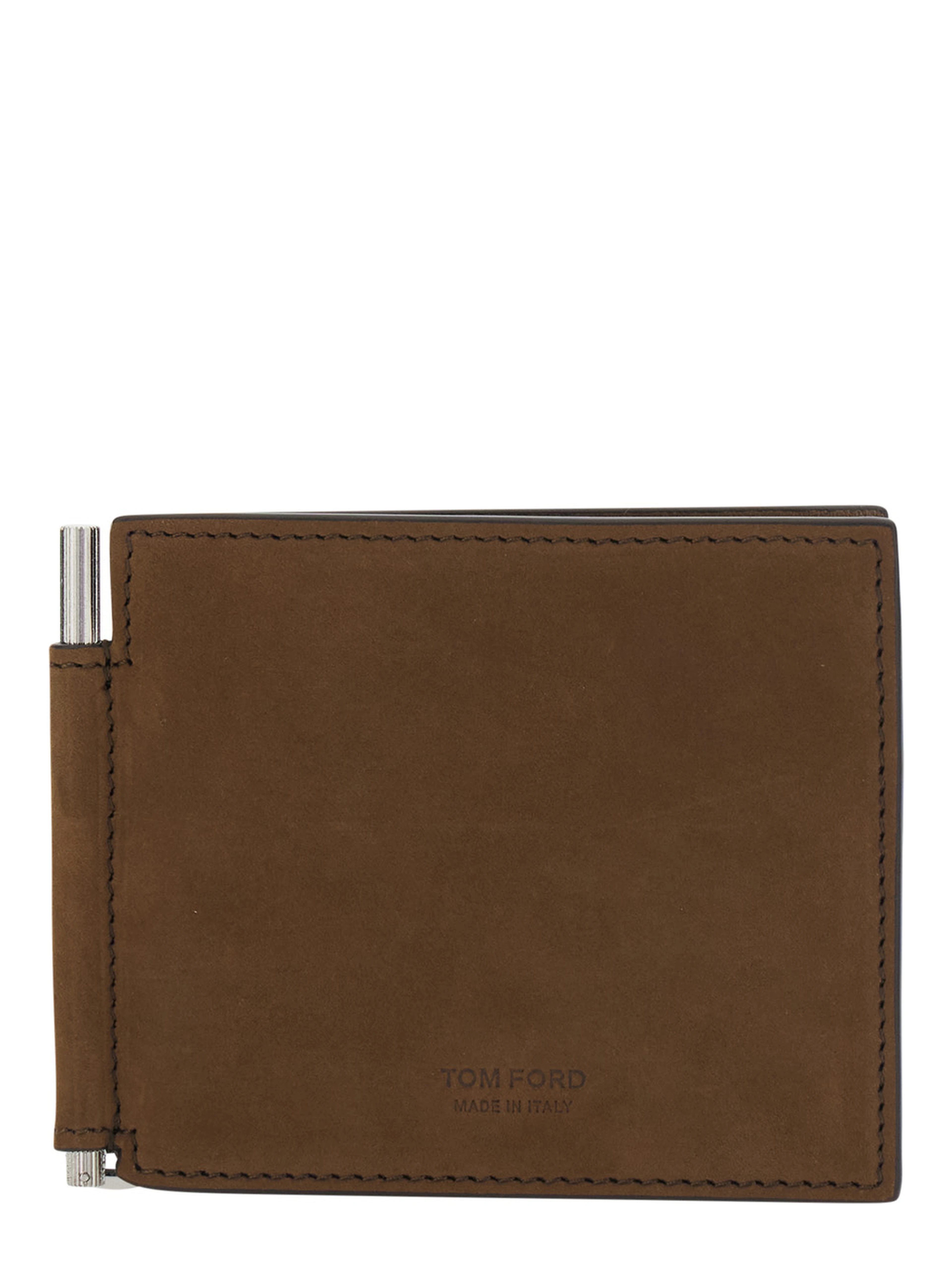 Brown Wallet with Embossed Logo Lettering and Money Clip in Leather for Men