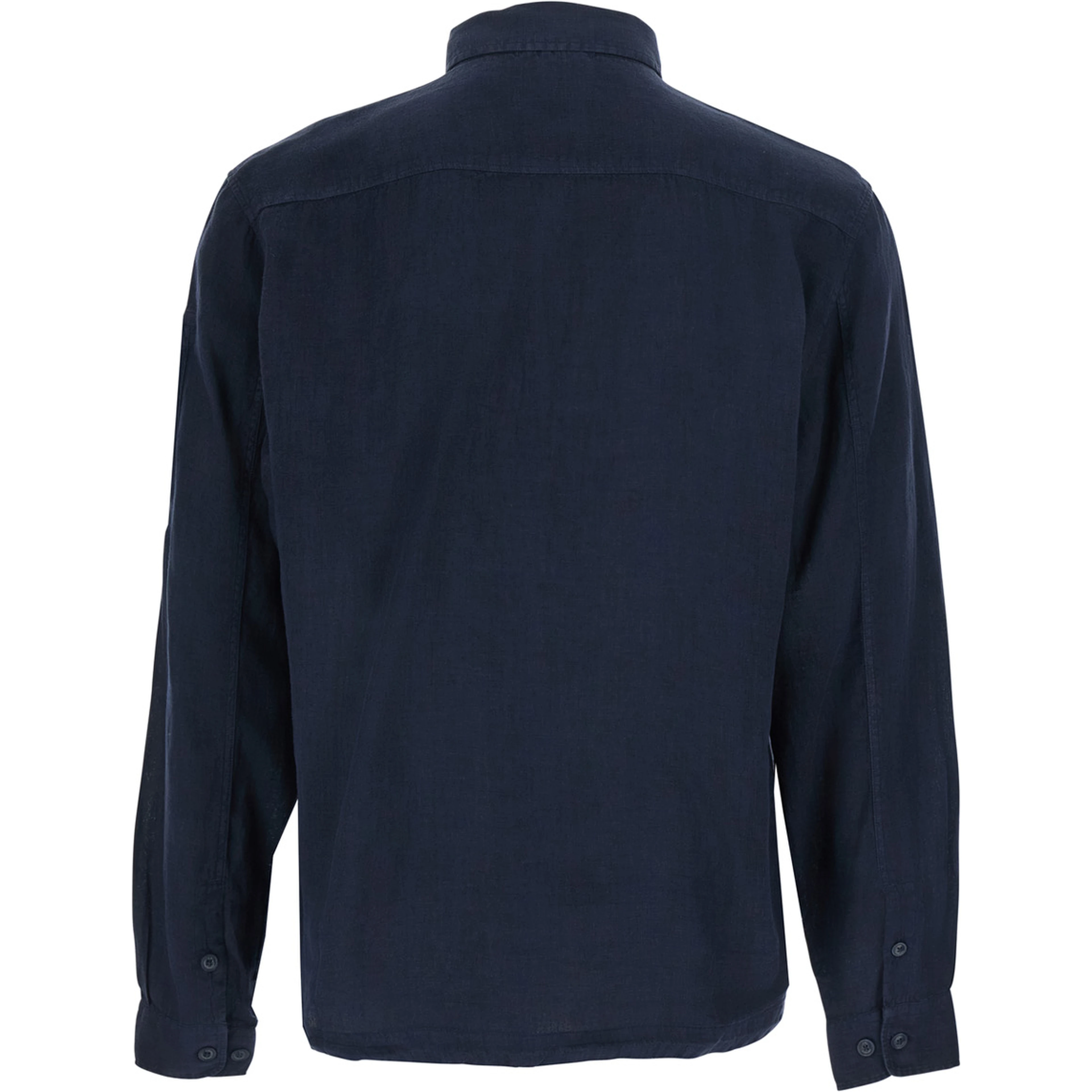 Blue Shirt with Classic Collar and Logo Plate on the Sleeve in Linen Man