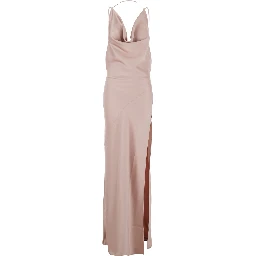 Long Dress Vera with Draped Neckline and Front Vent in Pink Fabric for Women