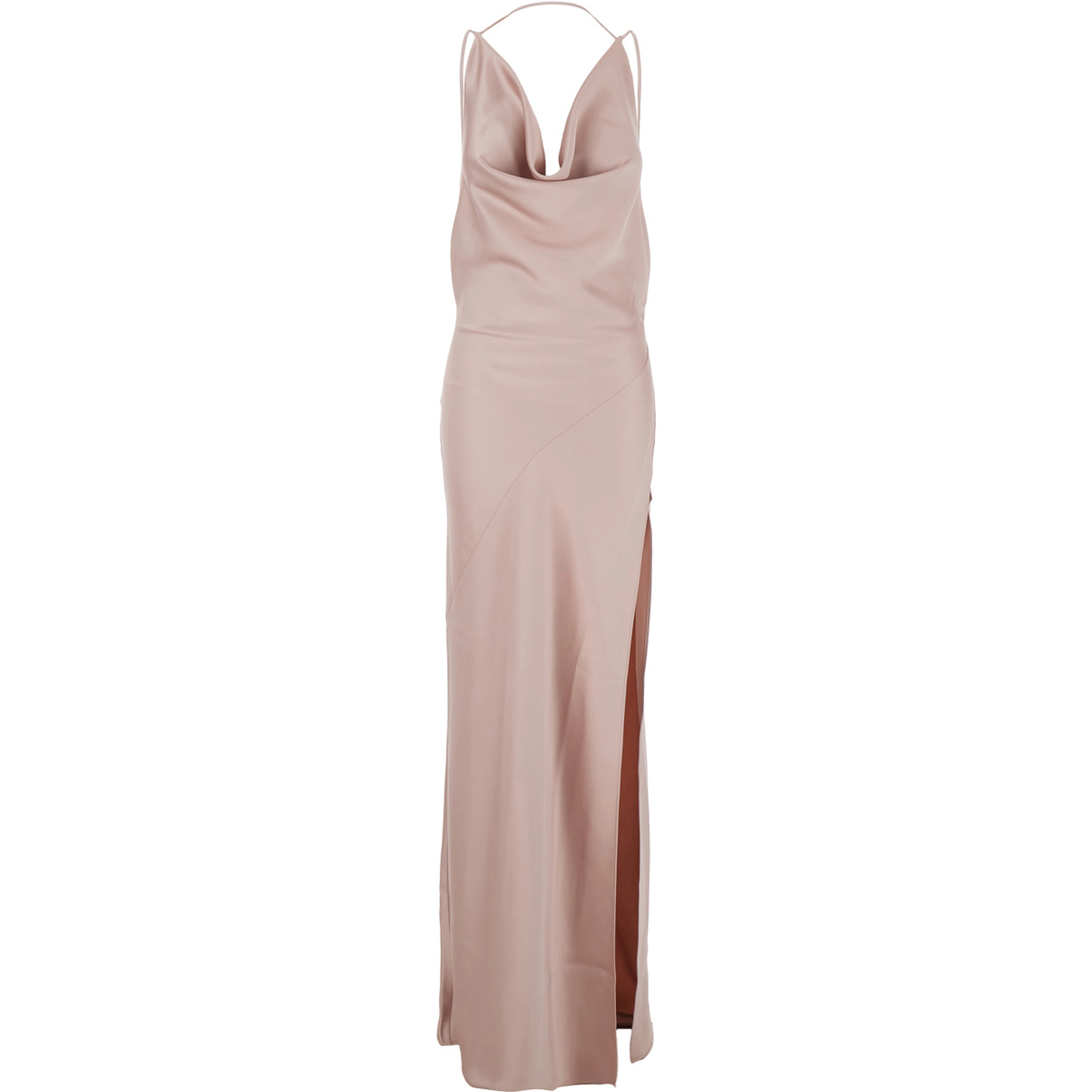 Long Dress Vera with Draped Neckline and Front Vent in Pink Fabric for Women