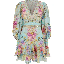 Multicolor Dress with Long Balloon Sleeves and All-Over Floral Print in Linen Blend for Women