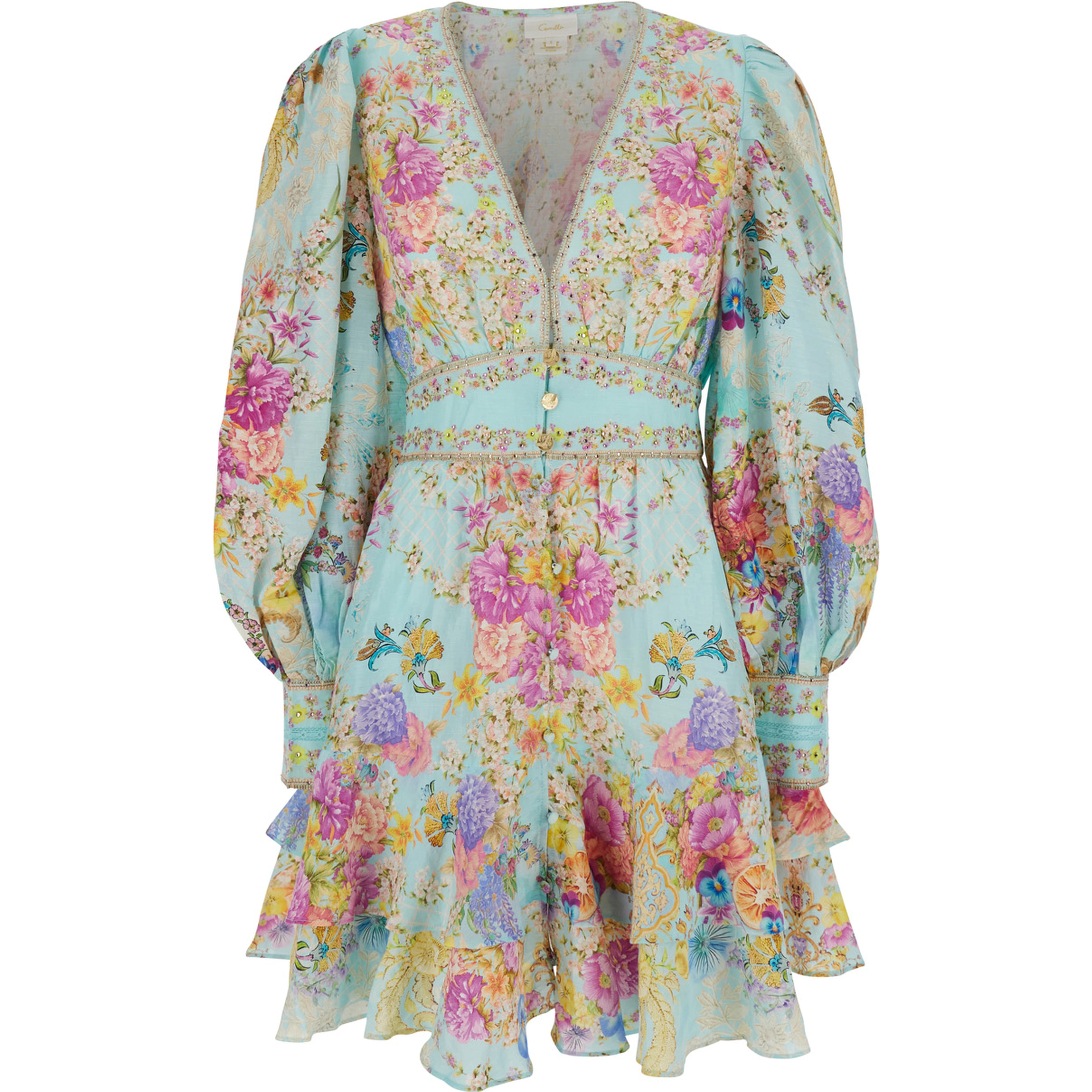 Multicolor Dress with Long Balloon Sleeves and All-Over Floral Print in Linen Blend for Women