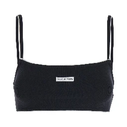 Black Sports Bra with Square Neckline and Logo Patch on the Front in Stretch Cotton for Women