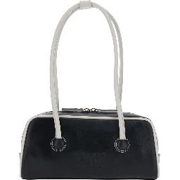 Baguette Black Shoulder Bag with Logo Lettering on the Front in Leather for Women