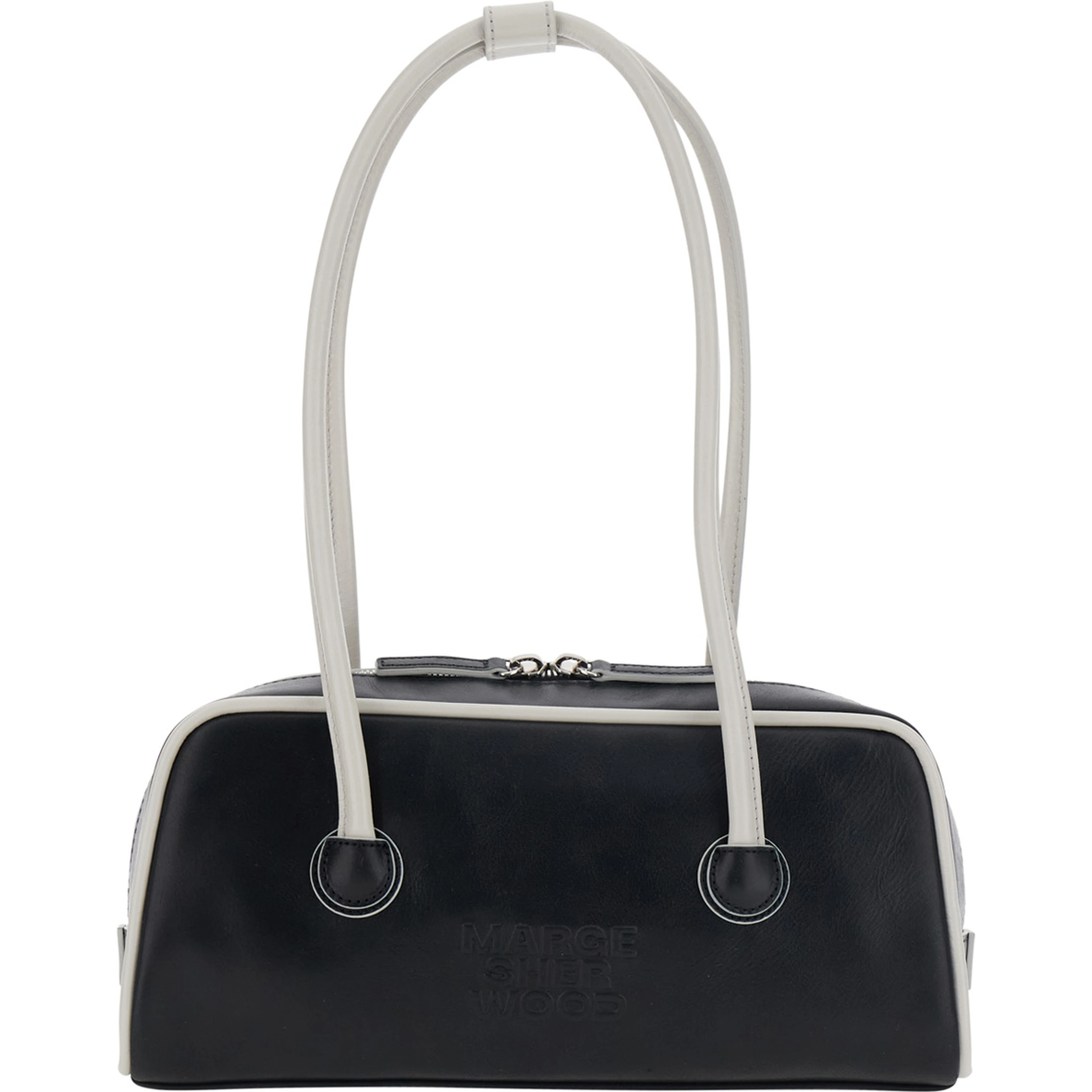Baguette Black Shoulder Bag with Logo Lettering on the Front in Leather for Women
