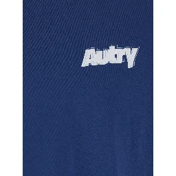 Blue T-shirt with Raised Collar and Logo on Front in Cotton Man