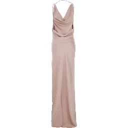 Long Dress Vera with Draped Neckline and Front Vent in Pink Fabric for Women