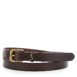 Belt with Cassandre Plate on the Front and Adjustable Buckle Closure in Brown Leather for Men
