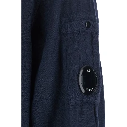 Blue Shirt with Classic Collar and Logo Plate on the Sleeve in Linen Man