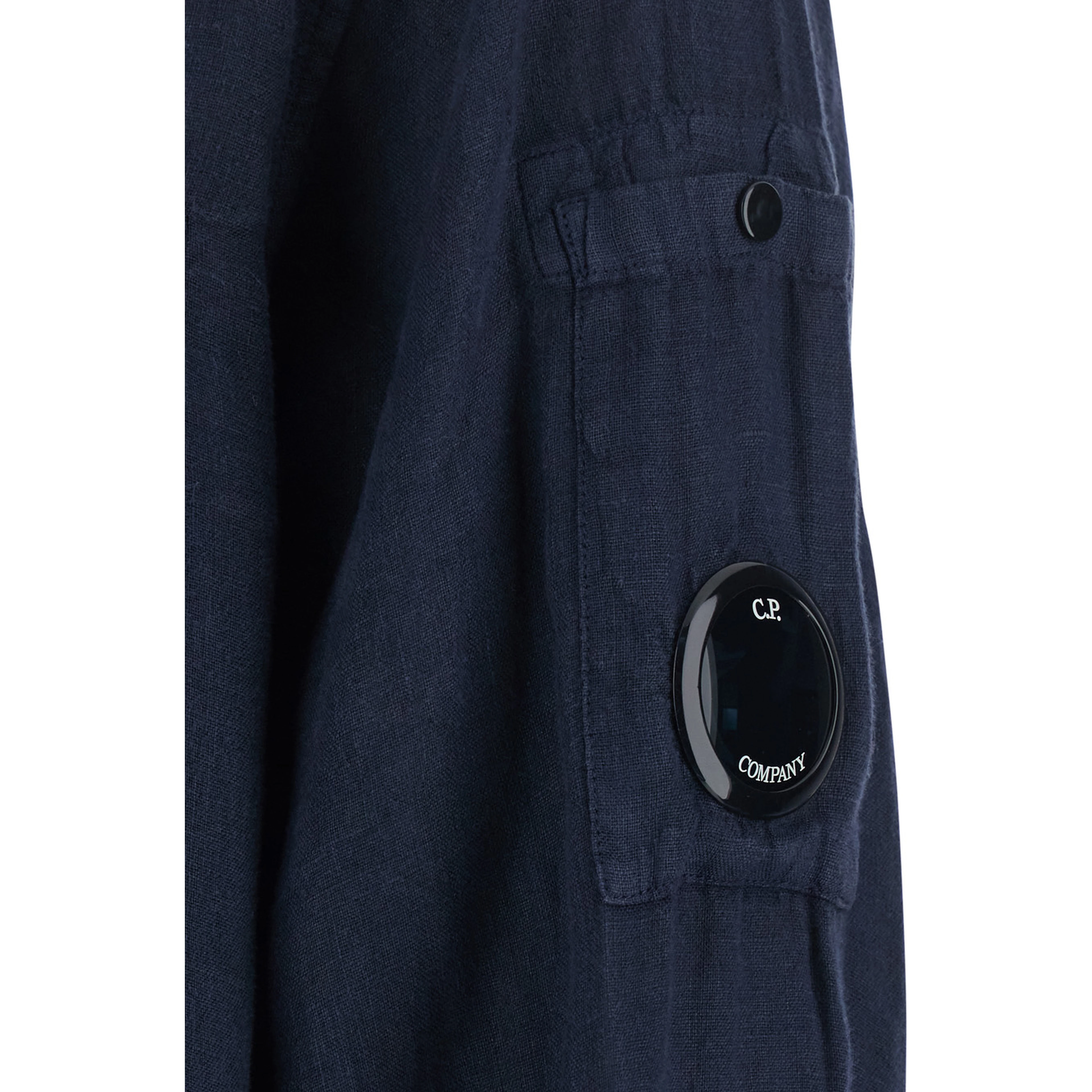 Blue Shirt with Classic Collar and Logo Plate on the Sleeve in Linen Man