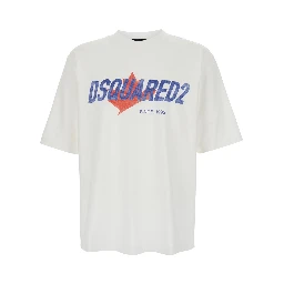 White T-shirt with Logo Print on the Front in Cotton for Men