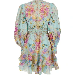 Multicolor Dress with Long Balloon Sleeves and All-Over Floral Print in Linen Blend for Women