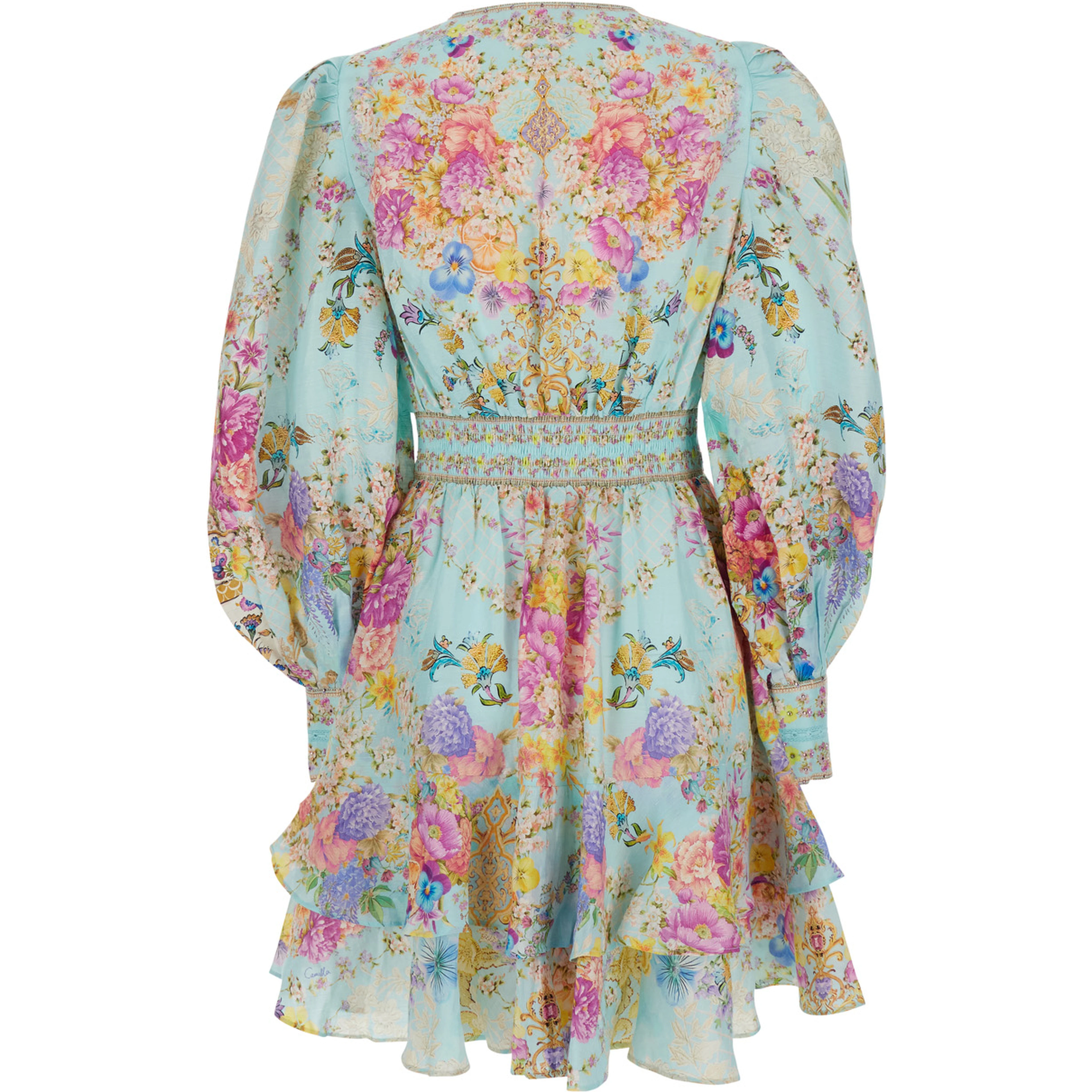 Multicolor Dress with Long Balloon Sleeves and All-Over Floral Print in Linen Blend for Women