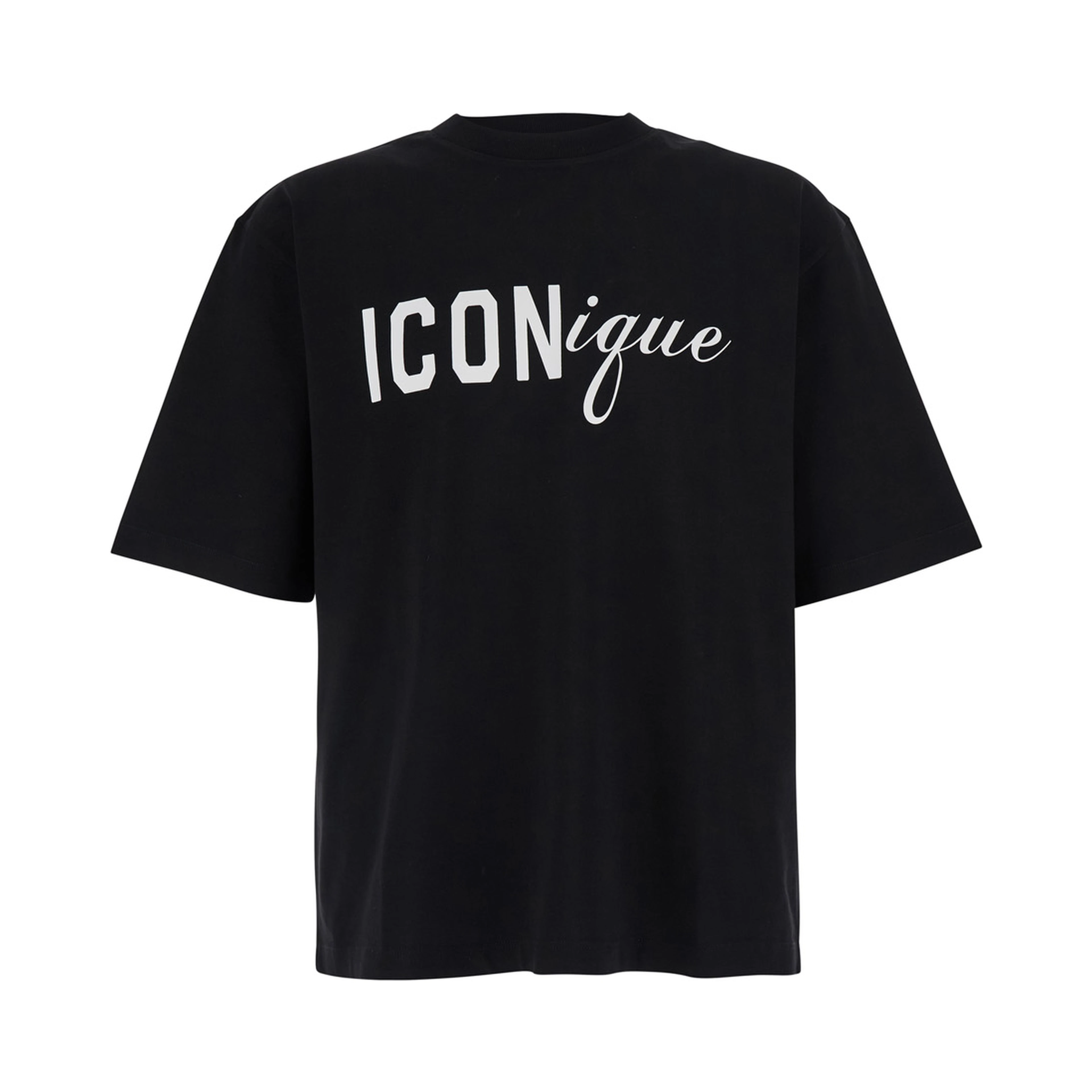 Black T-Shirt with Round Neck and Logo on the Front in Cotton for Men