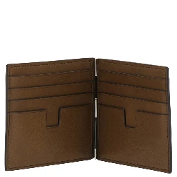 Brown Wallet with Embossed Logo Lettering and Money Clip in Leather for Men