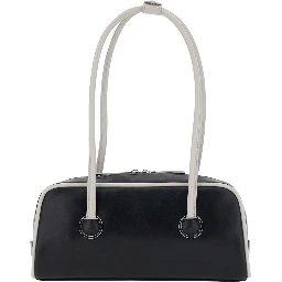 Baguette Black Shoulder Bag with Logo Lettering on the Front in Leather for Women