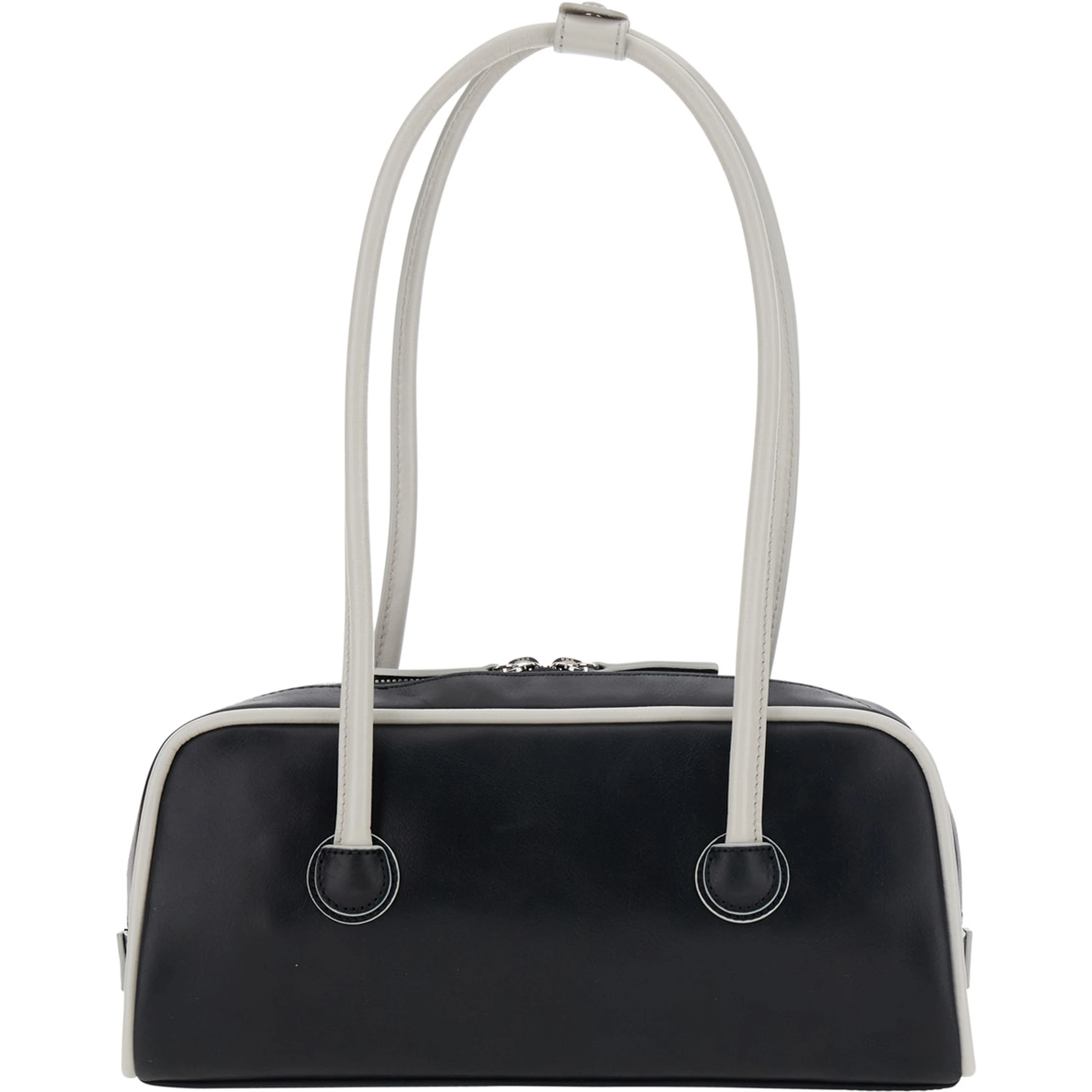 Baguette Black Shoulder Bag with Logo Lettering on the Front in Leather for Women